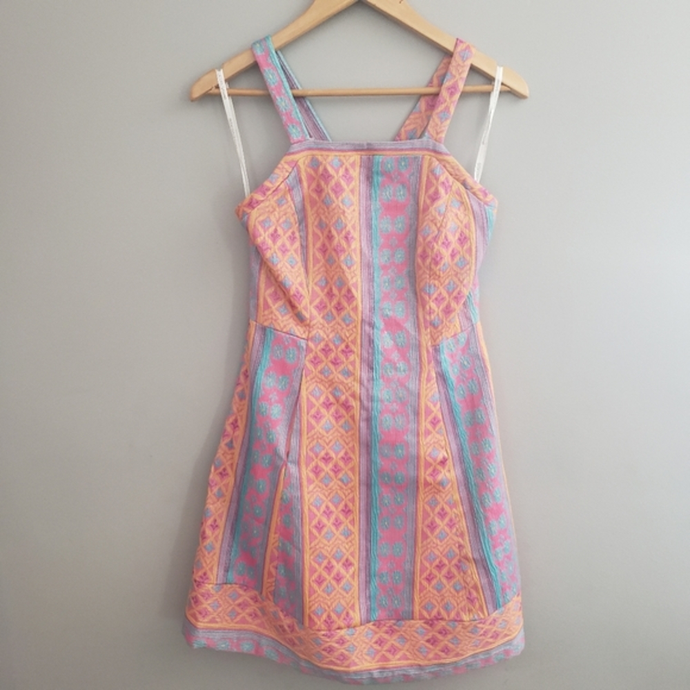 Plenty by Tracy Reese‎ Pink Orange Geometric Jacquard Cross Back Mini Dress Sz 4